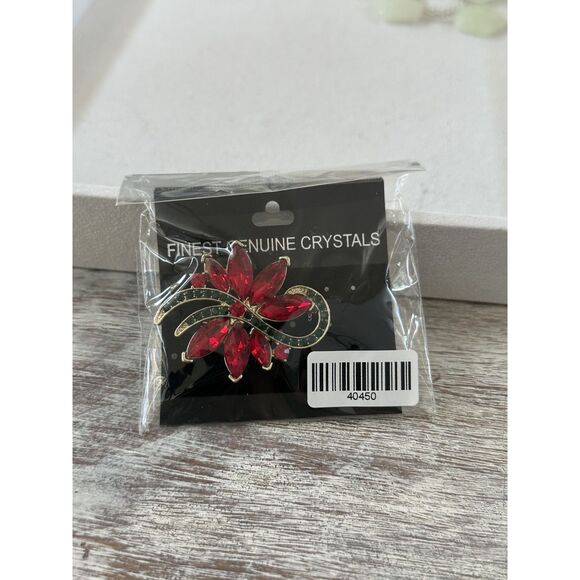 Red Green Crystal Rhinestone Poinsettia Flower Brooch for Christmas - Picture 2 of 4